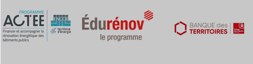 Logos des partenaires : programme ACTEE (FNCCR), programme EduRénov et Banque des Territoires